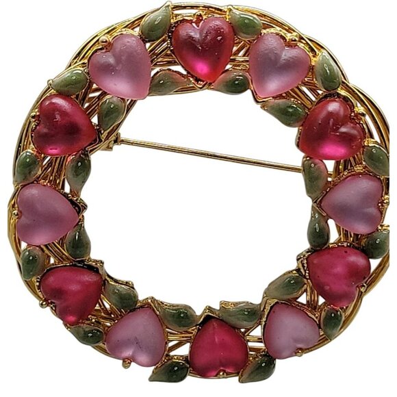 Heart & Leaf Brooch Gold Tone Twisted Wire Wreath Pink & Red Glass Rhinestones - Picture 4 of 9